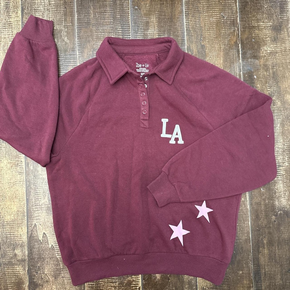Zoe + Liv Burgundy LA Polo Style Graphic Pillover